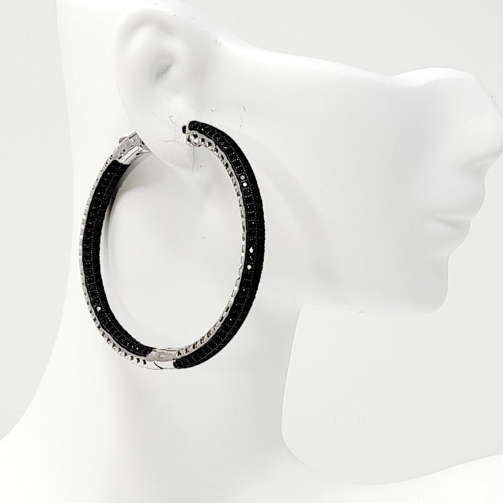 Elegant Black Spinel and Silver Hoop Earrings